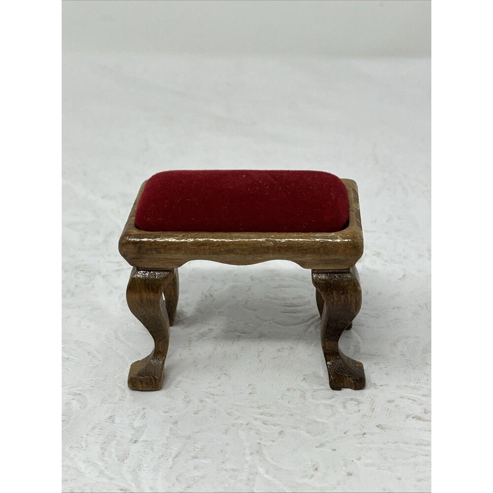 Brown Wooden Dollhouse Stool Miniature 1:12 Scale Red Velvet Cushion Vintage